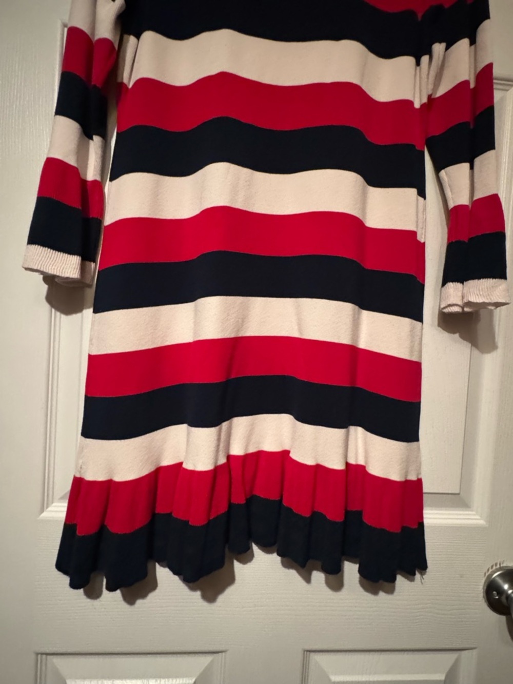 LOFT Sz Large Navy, Red and Off White Striped Sweater Dress w/glitter sleeve hem - Picture 9 of 10